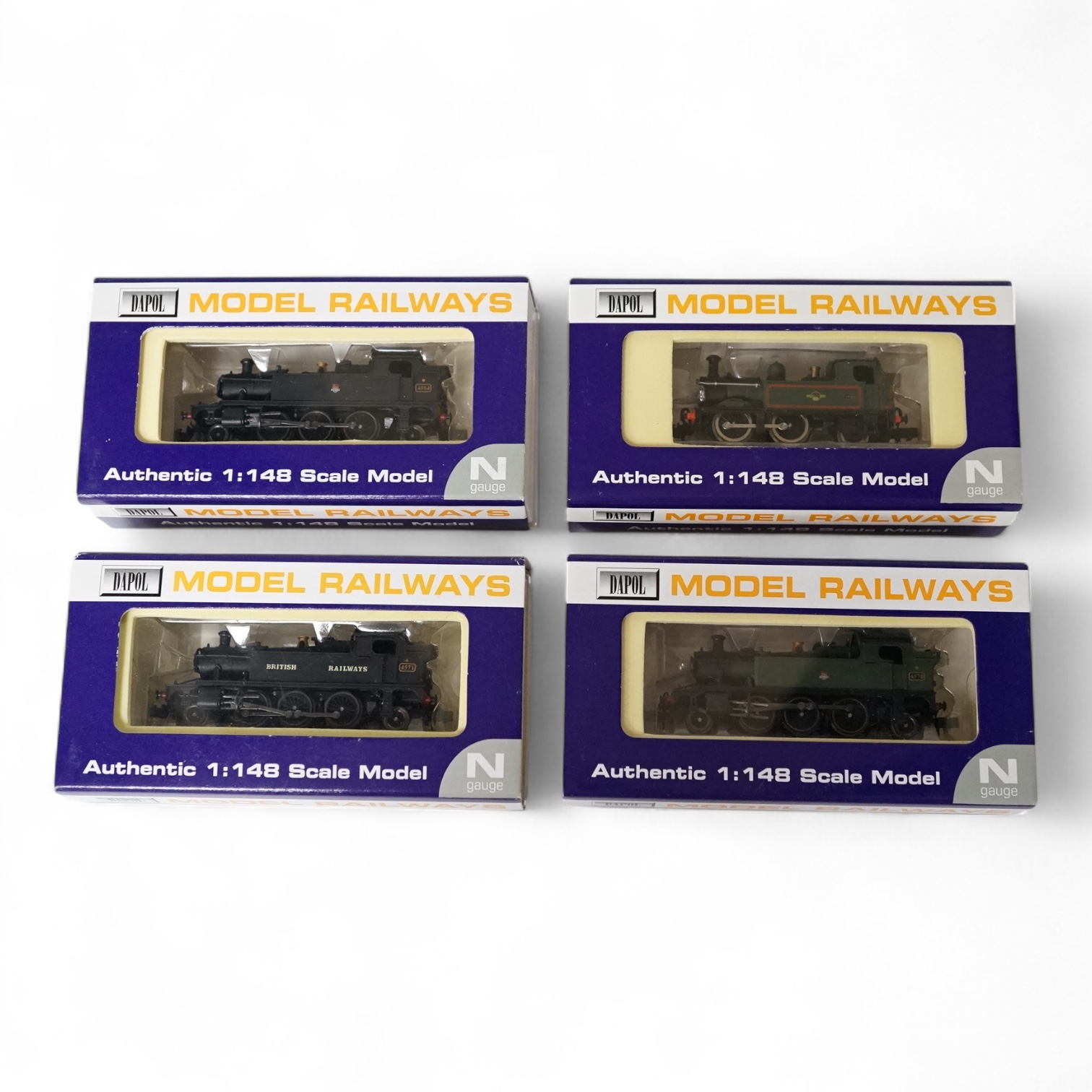 Four boxed Dapol N gauge railway GWR/BR locomotives; a Class 14xx, 1466 (ND003), together with three Class 45xx, 4554 (ND-019), 4570 (ND-013) and 4571 (ND-024). Condition - good.